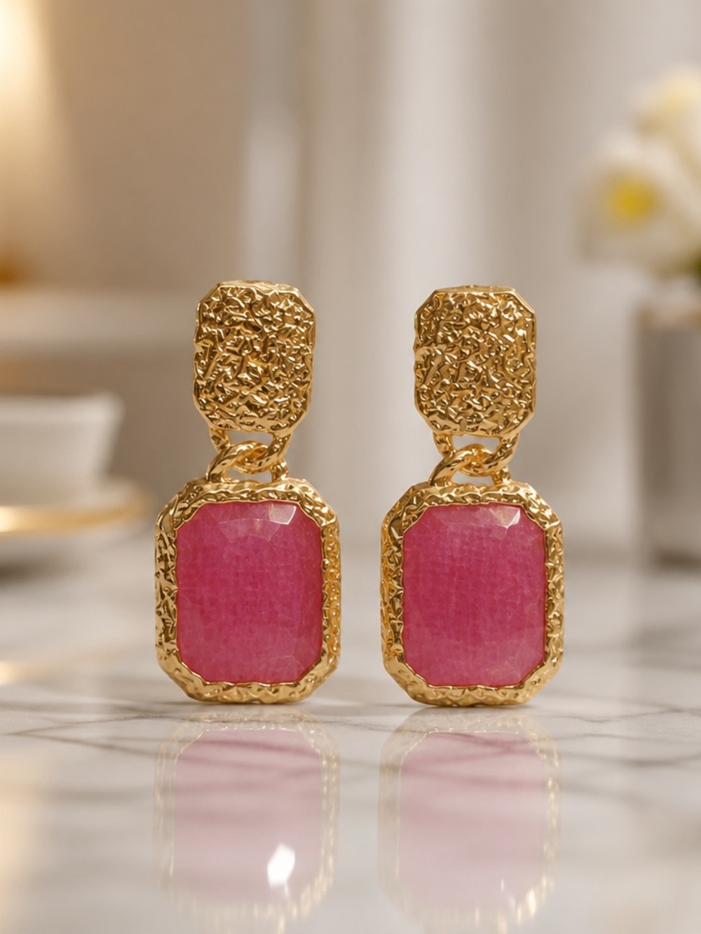 New Catwalk John Pink Glass Stone Clip-On Earrings Gold Tone 18K over Br